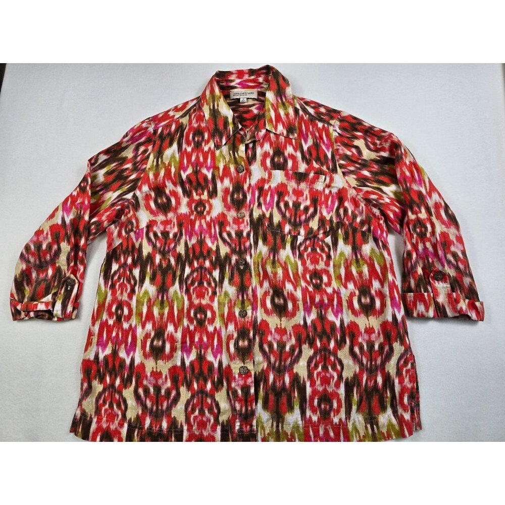 Jones New York Sport Woman 1X 100% Linen Ikat Print Button-Up Shirt Long Sleeve
